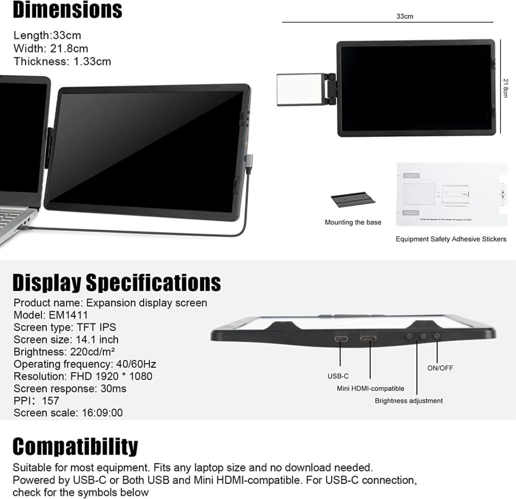 Laptop Screen Extender - 360Â° Rotatable 14.1â Attachable Portable Monitor for Laptop FHD TFT USB Laptop Dual Screen, Plug and Play for Mac, PC, Chrome, Fit 13-17â Laptop