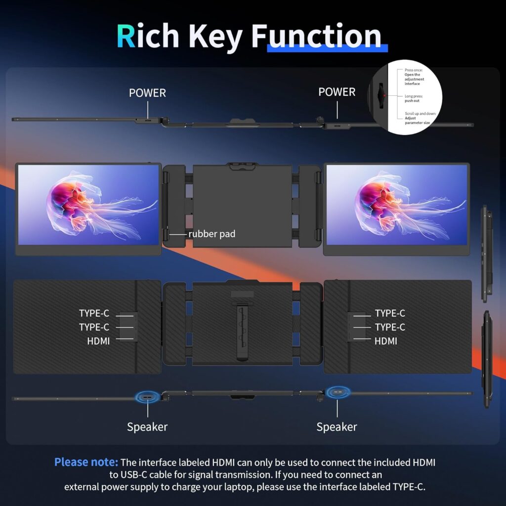 kasorey Laptop Screen Extender, 14 FHD IPS Ultra-Thin Dual/Triple Portable Monitor Display, HDMI/USB-A/Type-C Plug-Play Extra Monitor for Windows, Chrome, Mac and Switch, Built-in Speakers